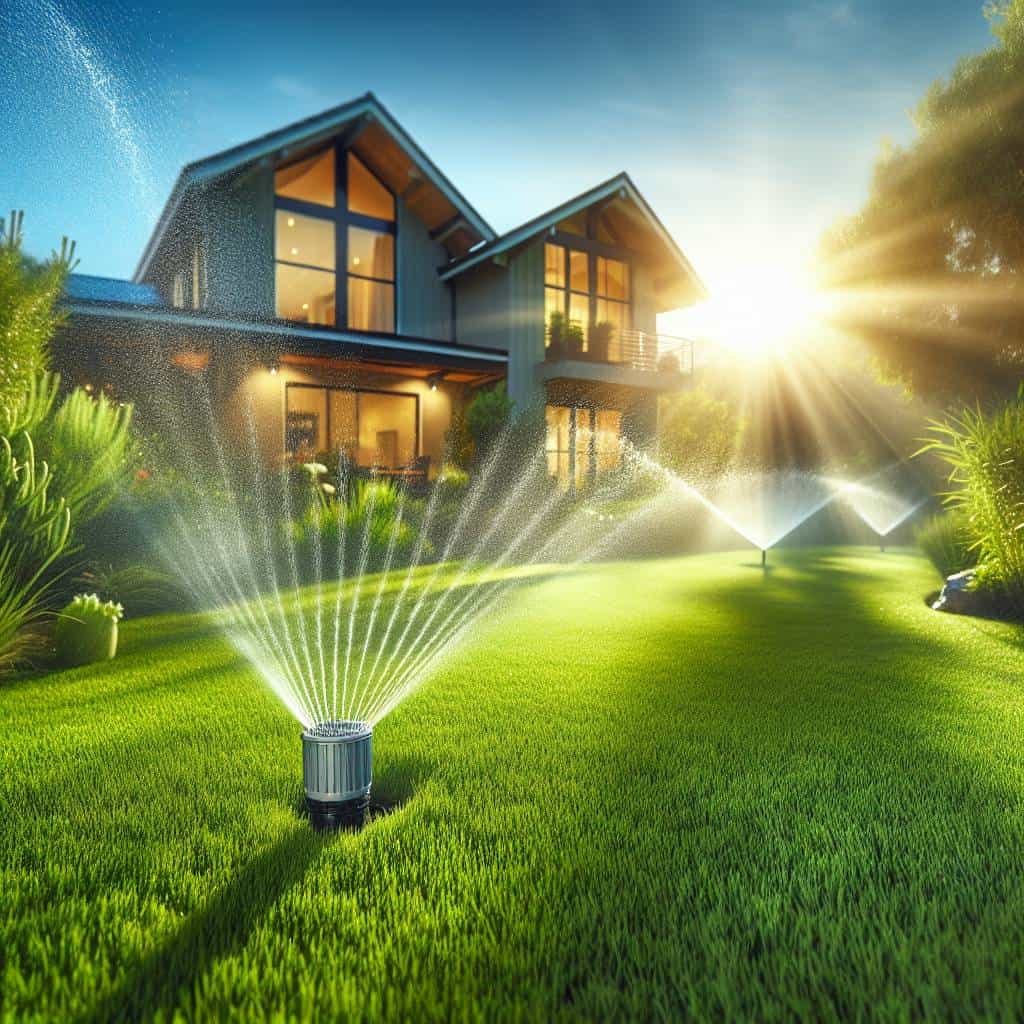 Smart sprinkler systems watering suburban lawn.